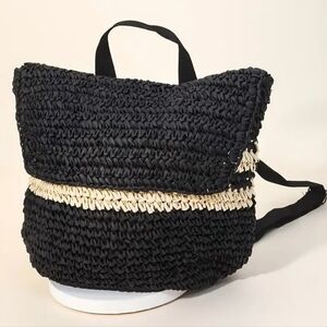 Woven Straw Backpack - Black & Cream